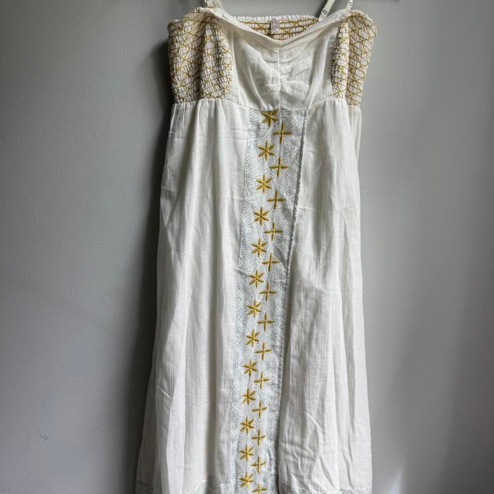 Free People beach White dress with gold star embroidery and fringed hem